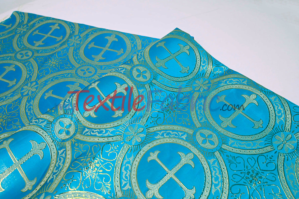 Circular Cross Liturgical Brocade Fabric | 60" Wide | Metallic Brocade by the Yard |
