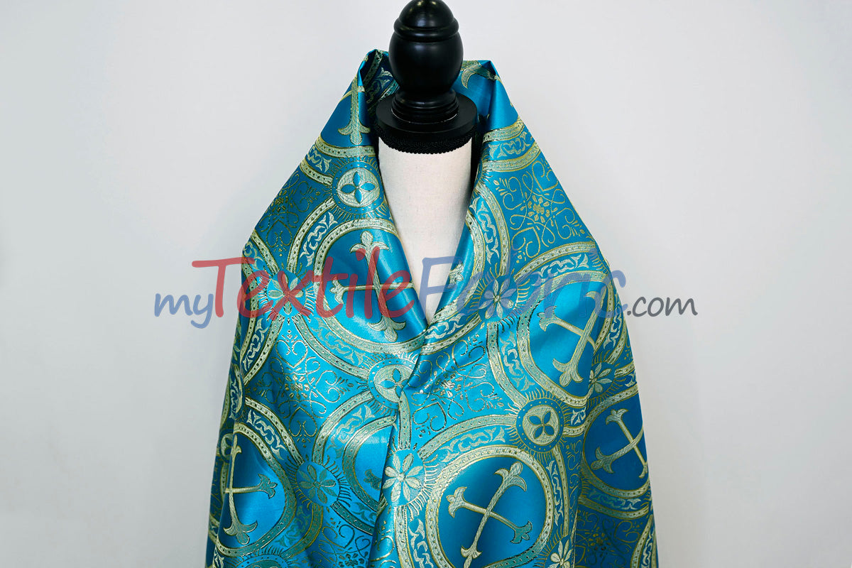 Circular Cross Liturgical Brocade Fabric | 60" Wide | Metallic Brocade by the Yard |