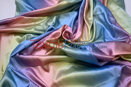 Multi Color Rainbow Satin Fabric | Rainbow Charmeuse Fabric | Ombre Satin Fabric | 60" Wide | Silky Soft Satin in a Rainbow color wave |