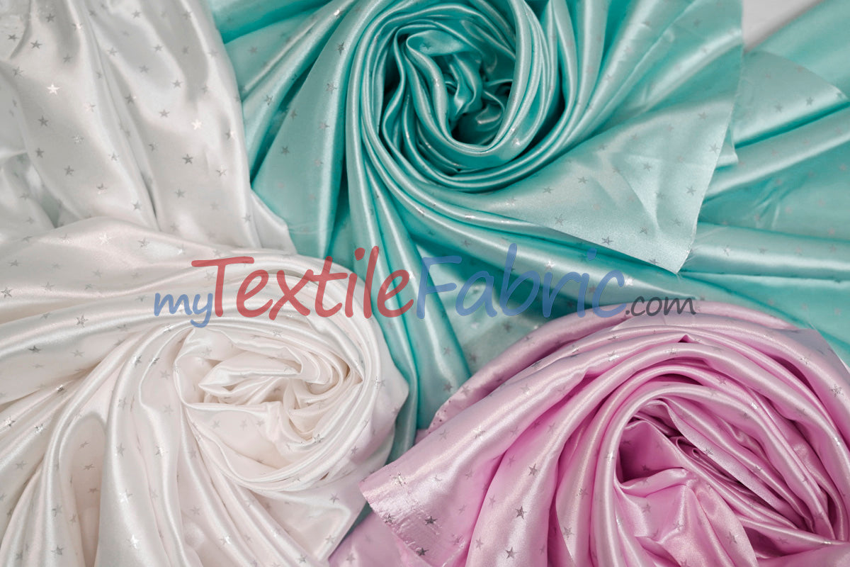 Mini Star Silky Satin Fabric | Soft Mini Star Charmeuse Fabric | 60" Wide | White Pink Mint |