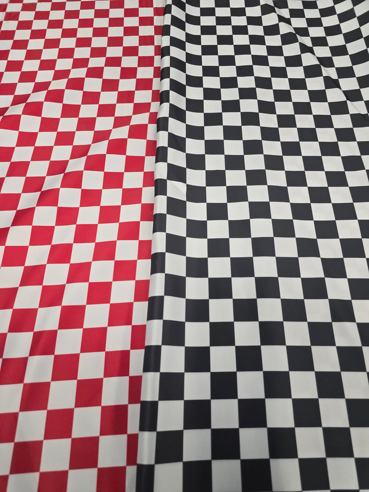 1" Checkered Satin Fabric | Racing Flag Pattern | Lamour Dull Satin Print | 60" Wide | Available in Black & White, Red & White