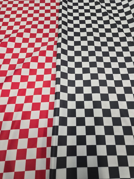 1" Checkered Satin Fabric | Racing Flag Pattern | Lamour Dull Satin Print | 60" Wide | Available in Black & White, Red & White