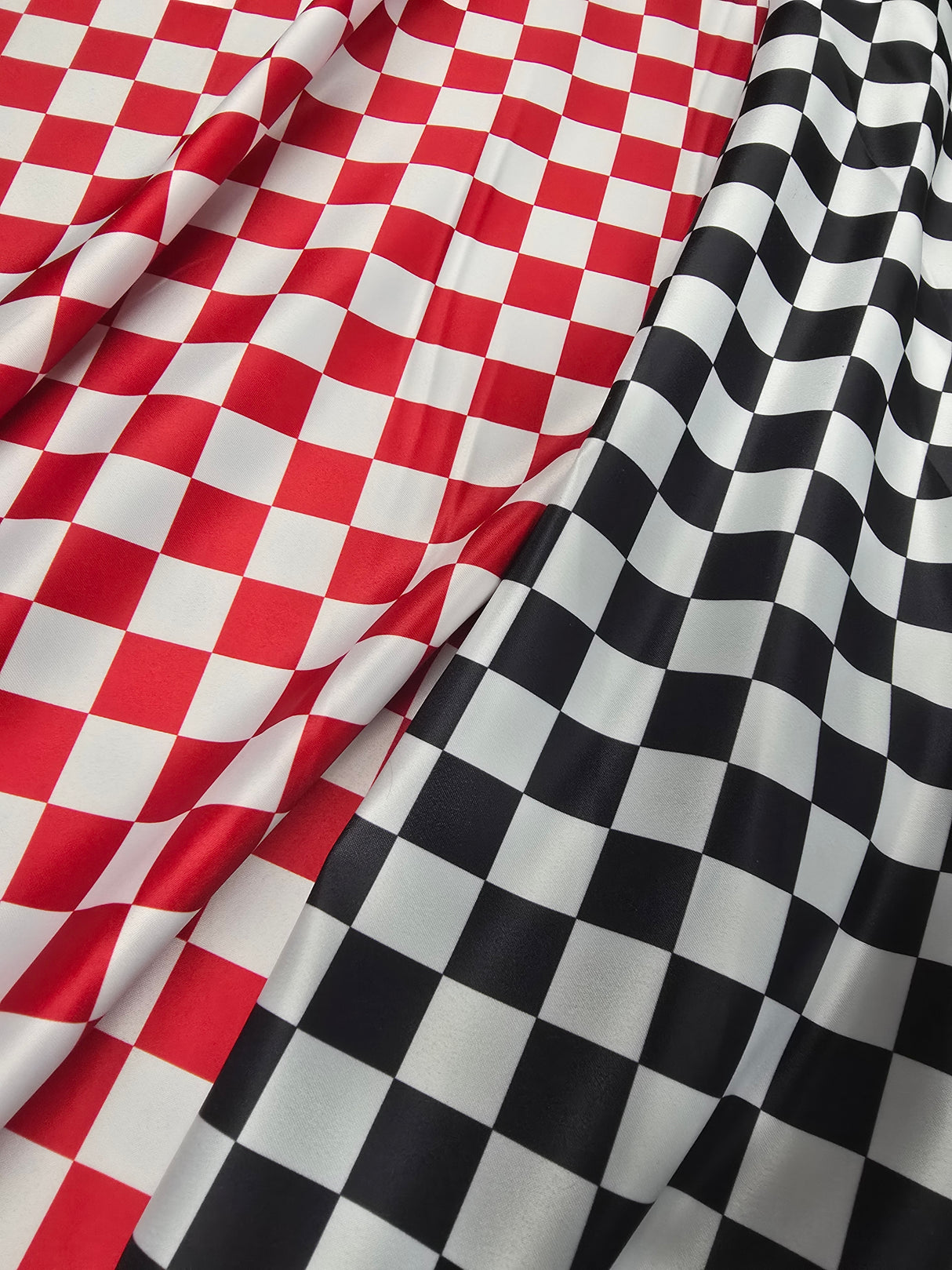 1" Checkered Satin Fabric | Racing Flag Pattern | Lamour Dull Satin Print | 60" Wide | Available in Black & White, Red & White