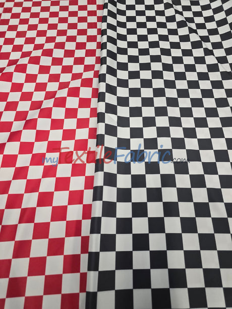 1" Checkered Satin Fabric | Racing Flag Pattern | Lamour Dull Satin Print | 60" Wide | Available in Black & White, Red & White