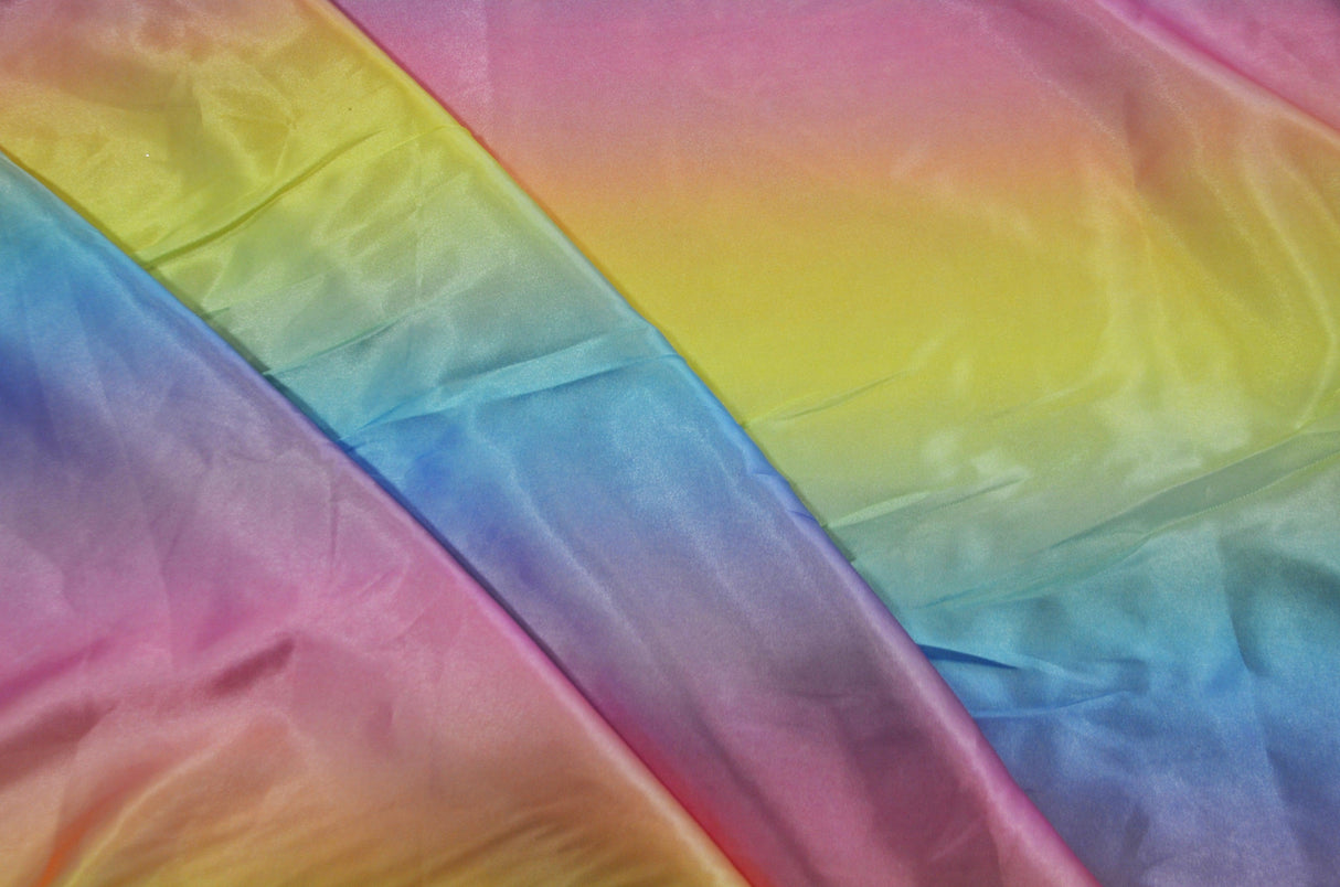 Multi Color Rainbow Satin Fabric | Rainbow Charmeuse Fabric | Ombre Satin Fabric | 60" Wide | Silky Soft Satin in a Rainbow color wave |