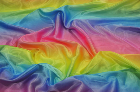 Multi Color Rainbow Satin Fabric | Rainbow Charmeuse Fabric | Ombre Satin Fabric | 60" Wide | Silky Soft Satin in a Rainbow color wave |