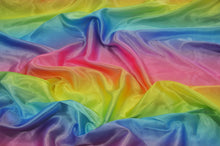 Load image into Gallery viewer, Multi Color Rainbow Satin Fabric | Rainbow Charmeuse Fabric | Ombre Satin Fabric | 60&quot; Wide | Silky Soft Satin in a Rainbow color wave |