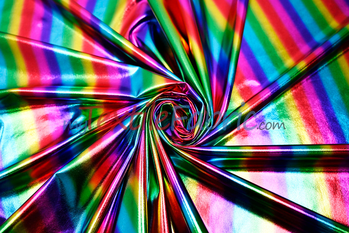 Rainbow Metallic Foil Spandex Lame | Rainbow Stretch Metallic Lame | All Over Multi Color Foil on Stretch Burgundy Knit | 60" Wide