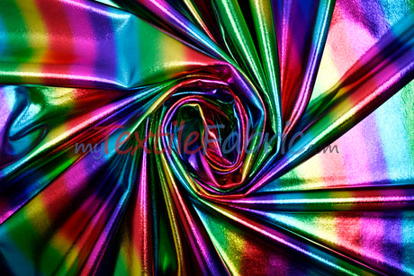 Rainbow Metallic Foil Spandex Lame | Rainbow Stretch Metallic Lame | All Over Multi Color Foil on Stretch Burgundy Knit | 60" Wide