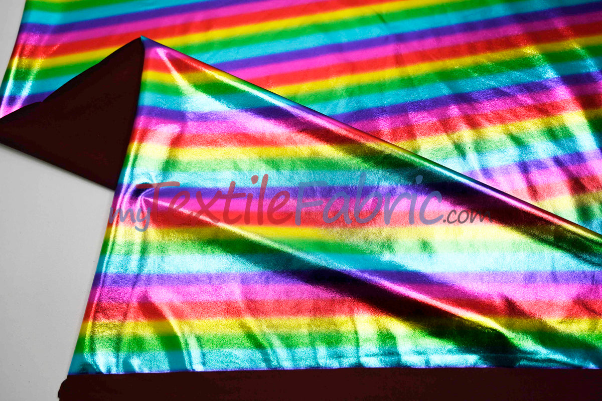 Rainbow Metallic Foil Spandex Lame | Rainbow Stretch Metallic Lame | All Over Multi Color Foil on Stretch Burgundy Knit | 60" Wide