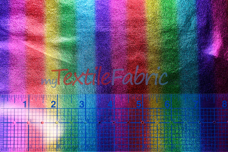 Rainbow Metallic Foil Spandex Lame | Rainbow Stretch Metallic Lame | All Over Multi Color Foil on Stretch Burgundy Knit | 60" Wide