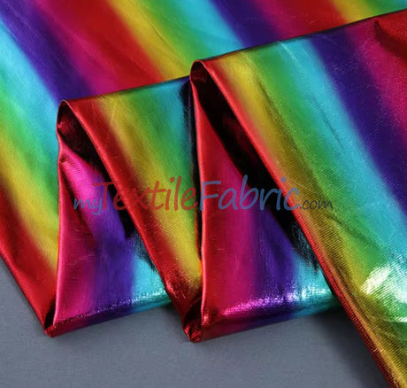 Rainbow Metallic Foil Spandex Lame | Rainbow Stretch Metallic Lame | All Over Multi Color Foil on Stretch Burgundy Knit | 60" Wide