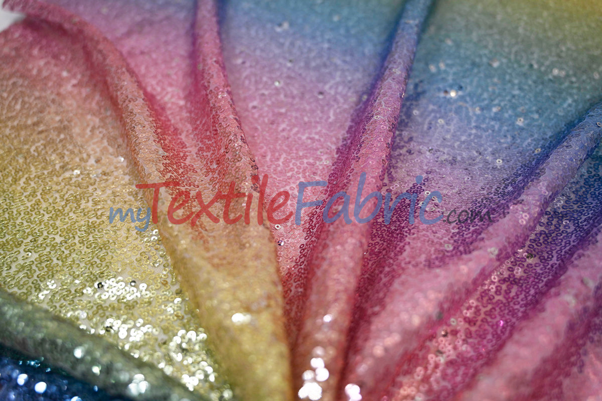 Rainbow Sequins Fabric | Multi Color Sequins Rainbow on Mesh Fabric | Mermaid Mesh Sequins Fabric | Ombre Sequins Fabric by the Yard |