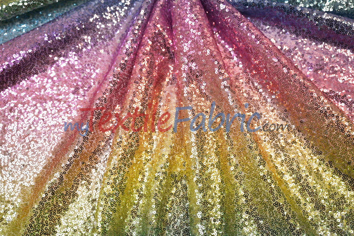 Rainbow Sequins Fabric | Multi Color Sequins Rainbow on Mesh Fabric | Mermaid Mesh Sequins Fabric | Ombre Sequins Fabric by the Yard |
