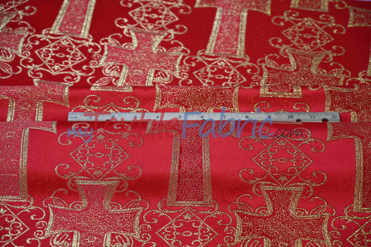 Religious Cross Brocade Fabric | 100% Polyester | 60" Wide | Elegant Liturgical Design