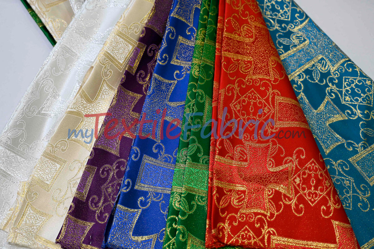 Religious Cross Brocade Fabric | 100% Polyester | 60" Wide | Elegant Liturgical Design