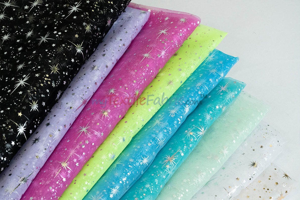 Shooting Star Foil Organza Fabric| 60" Wide | Sheer Organza with Foil Silver Metallic Star | Decor, Overlays, Accents, Dresses, Apparel |