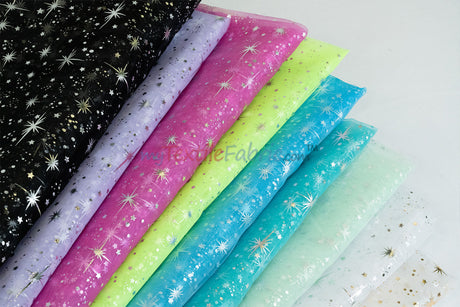 Shooting Star Foil Organza Fabric| 60" Wide | Sheer Organza with Foil Silver Metallic Star | Decor, Overlays, Accents, Dresses, Apparel |