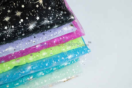 Shooting Star Foil Organza Fabric| 60" Wide | Sheer Organza with Foil Silver Metallic Star | Decor, Overlays, Accents, Dresses, Apparel |