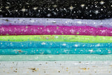 Shooting Star Foil Organza Fabric| 60" Wide | Sheer Organza with Foil Silver Metallic Star | Decor, Overlays, Accents, Dresses, Apparel |