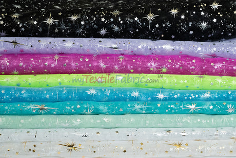 Shooting Star Foil Organza Fabric| 60" Wide | Sheer Organza with Foil Silver Metallic Star | Decor, Overlays, Accents, Dresses, Apparel |