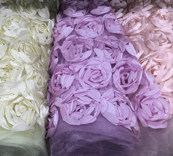 Rosette Satin Bordeaux Fabric | Rose Bordeaux Satin | 52" wide | 3d Floral Satin Embroidered on a Mesh | Multiple Colors |