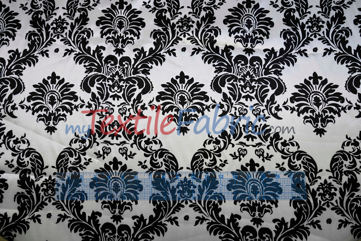 White Black Damask Satin Print Fabric | Damask Lamour Satin Fabric | Dull Satin Print | 60" Wide |