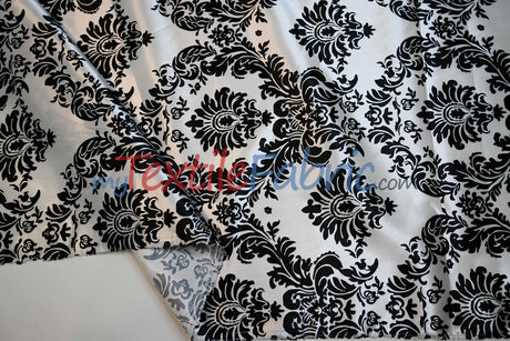 White Black Damask Satin Print Fabric | Damask Lamour Satin Fabric | Dull Satin Print | 60" Wide |