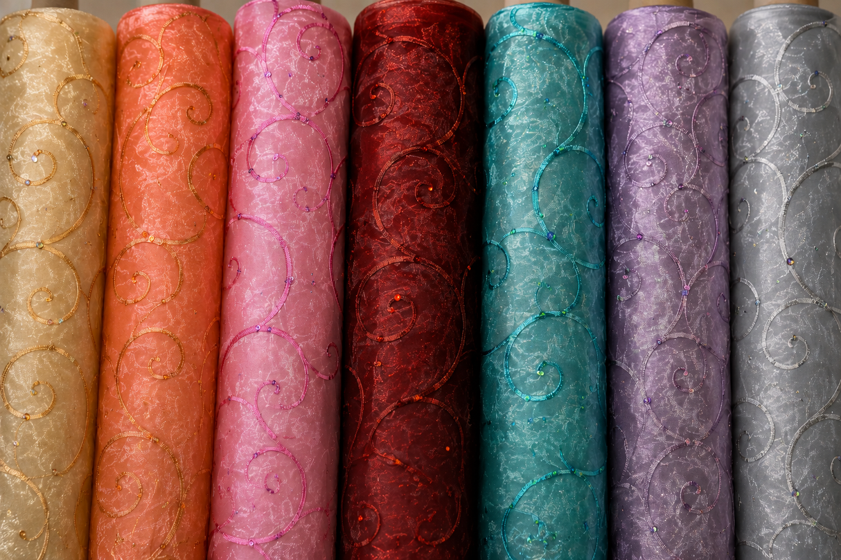 Ferial Organza Embroidery Fabric | Embroidered Floral Sheer with Sequins Embellishment | 54" Wide | Multiple Colors |