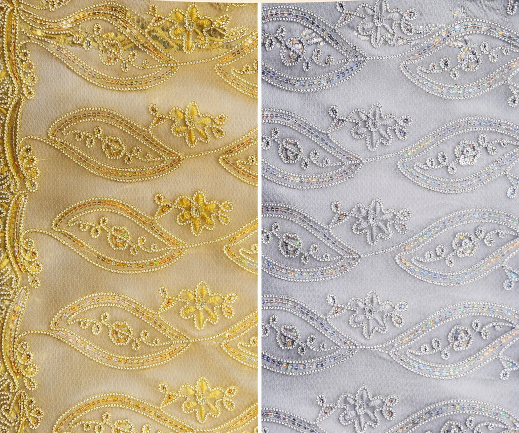 Coco Mango Sheer Embroidery |  Double Scallop Lace | 52" Wide | Gold and Silver |