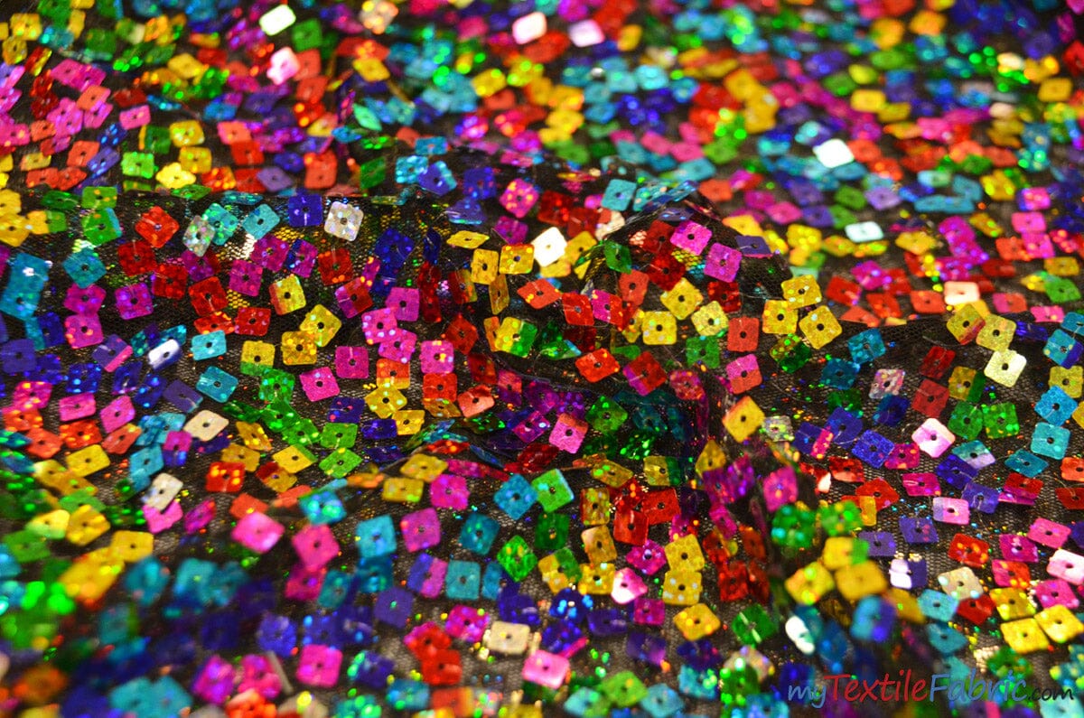 Rainbow Square Sequins | Colorful Sequins Fabric Sewn on Mesh | 52 Wide|  Multi Color Sequins 