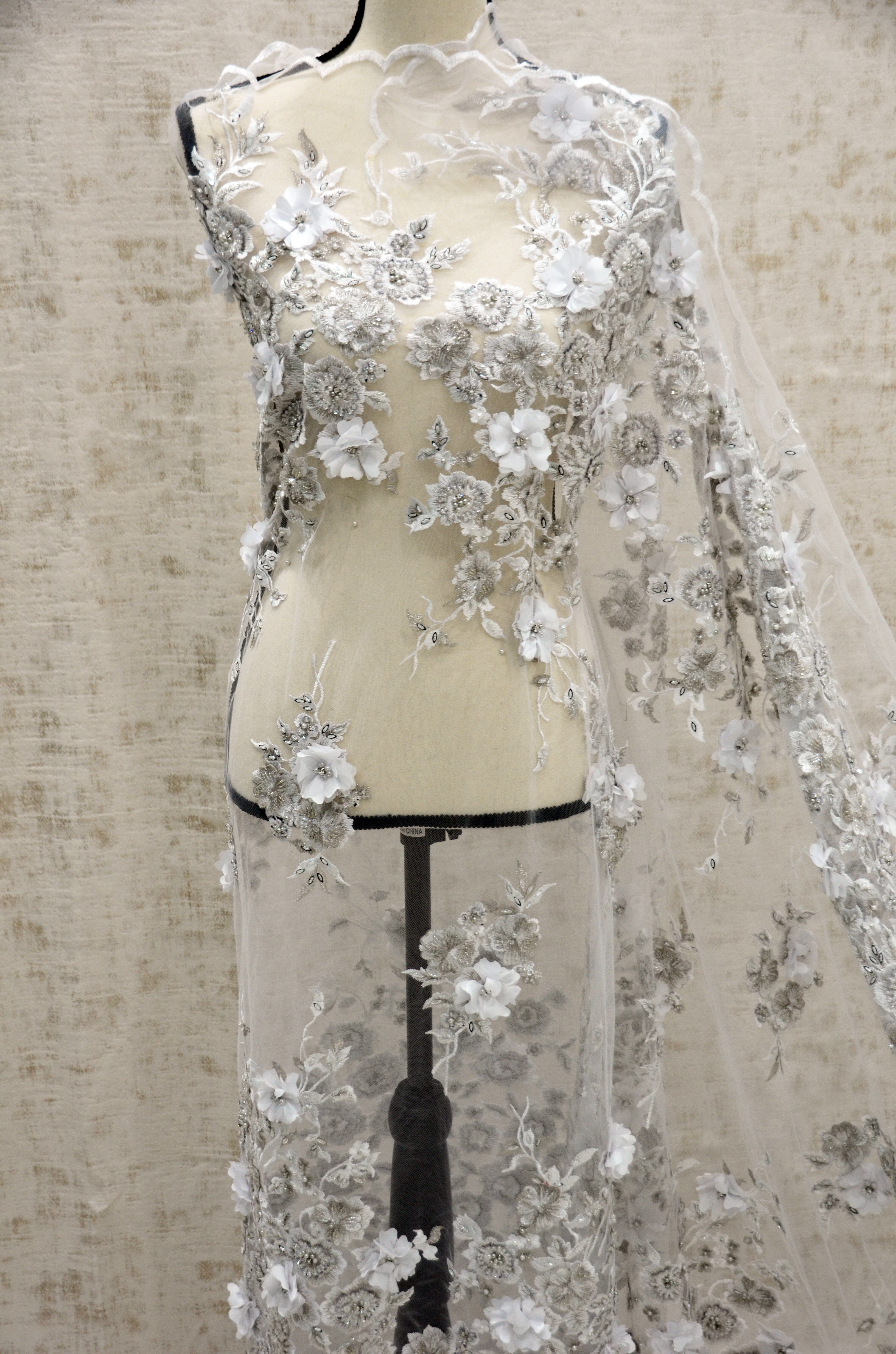 White Bridal Lace Fabric | EA3032 | White Silver Embroidery Lace Fabric | 50" Wide | Wedding Beaded Lace Fabric | Fabric mytextilefabric 