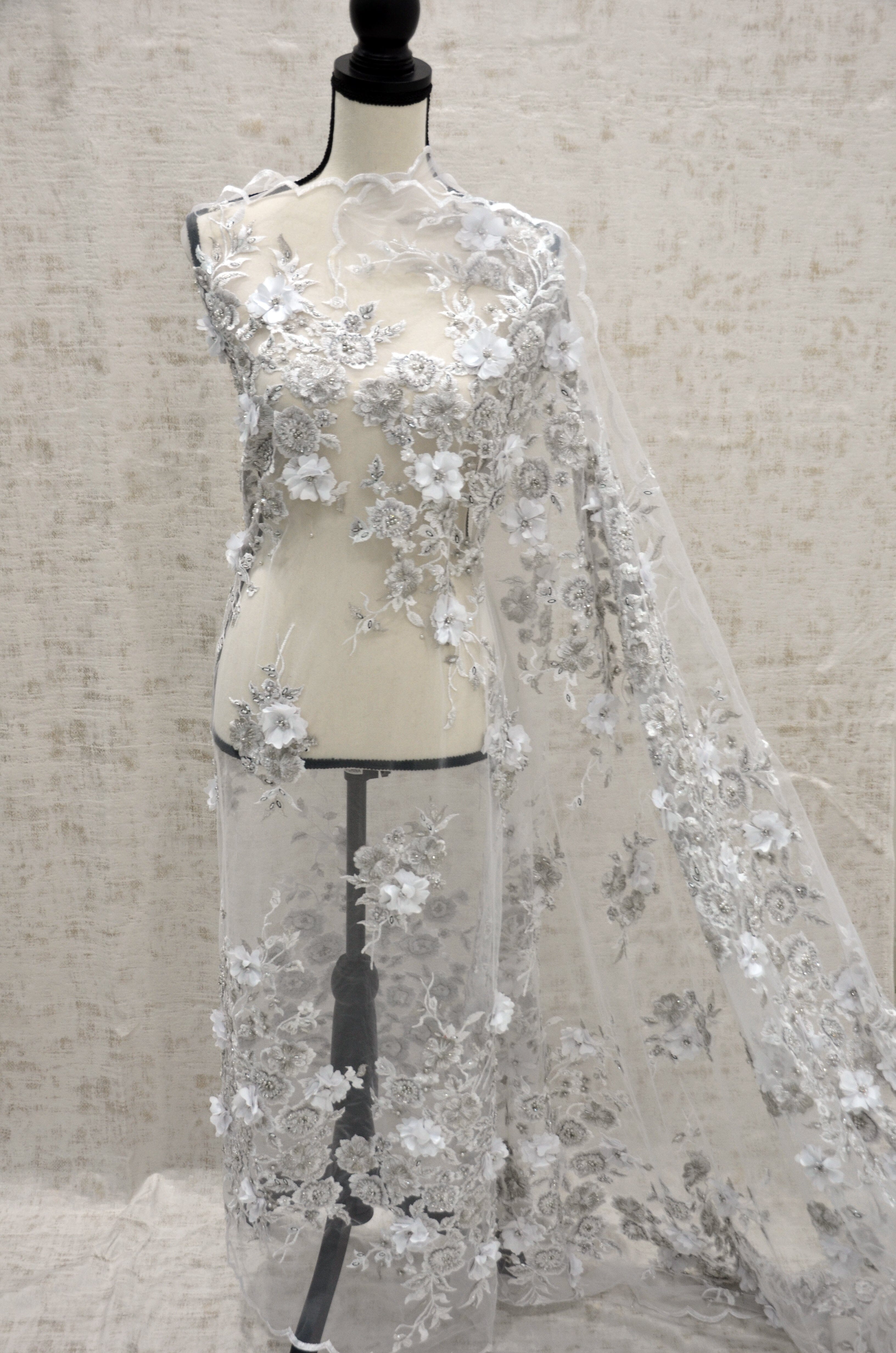 White Bridal Lace Fabric | EA3032 | White Silver Embroidery Lace Fabric | 50" Wide | Wedding Beaded Lace Fabric | Fabric mytextilefabric 