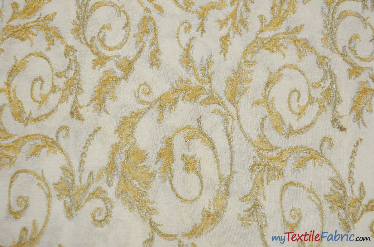 Soft Rayon Linen Metallic Embroidery | Metallic Foil Linen Embroidery Fabric | 50" Wide | newtextilefabric Yards Ivory Gold 