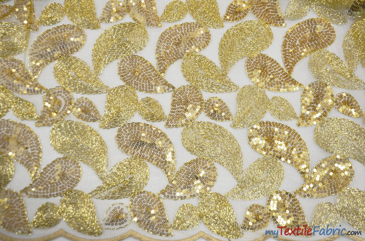 Paisley Sequins With Cording | Gold Paisley Cord Fabric | 52" Wide | Double Scallop Lace | newtextilefabric Yards 