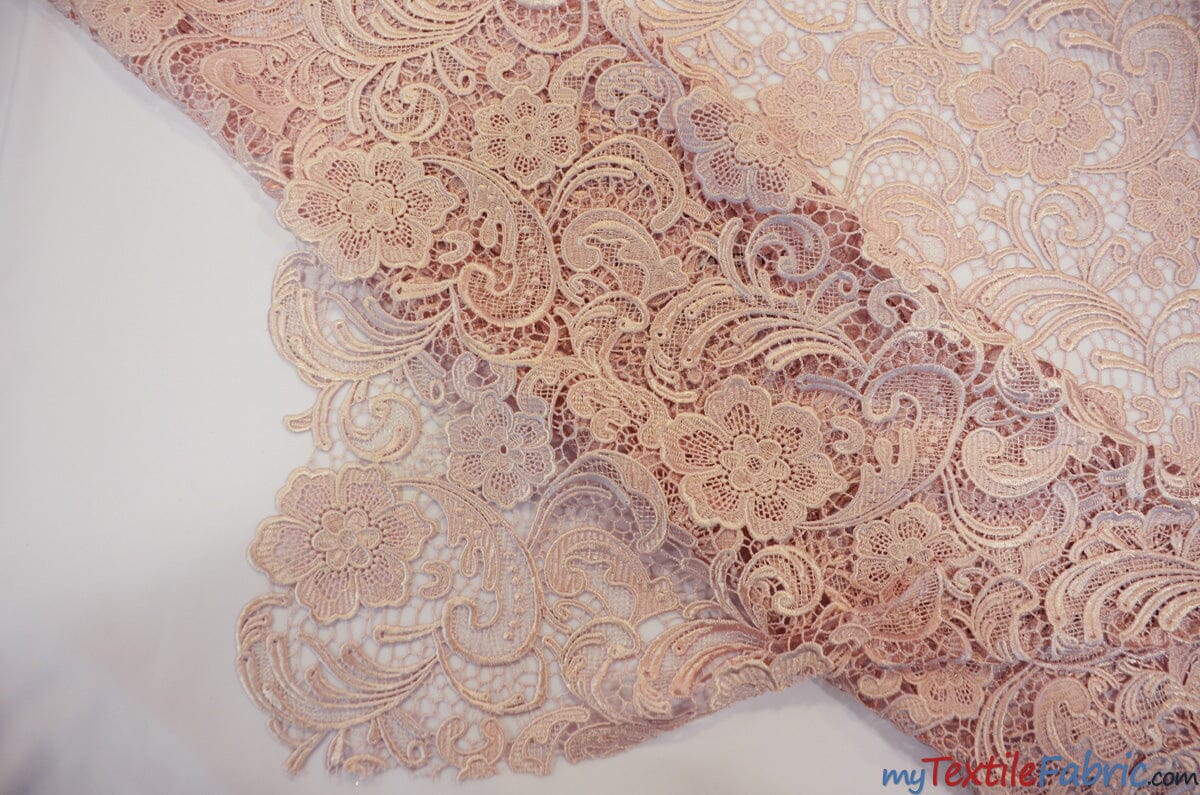 Guipure Bridal Lace Fabric | Heavy Double Scalloped Lace | 49" Wide | Multiple Colors | Fabric mytextilefabric Yards Blush Pink 