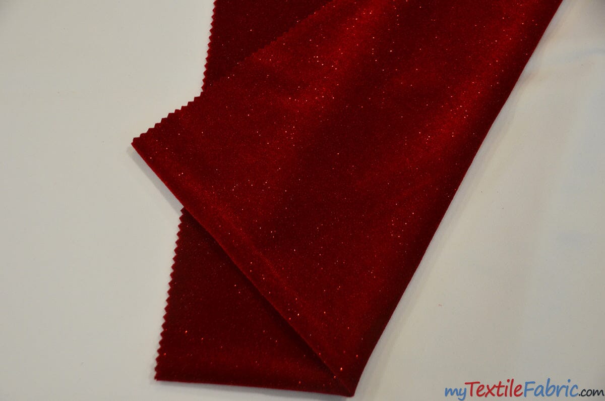 Glitter Stretch Velvet | Sparkling Glitter on Plush Spandex Velvet | 60" Wide | Multiple Colors | My Textile Fabric Yards Red 