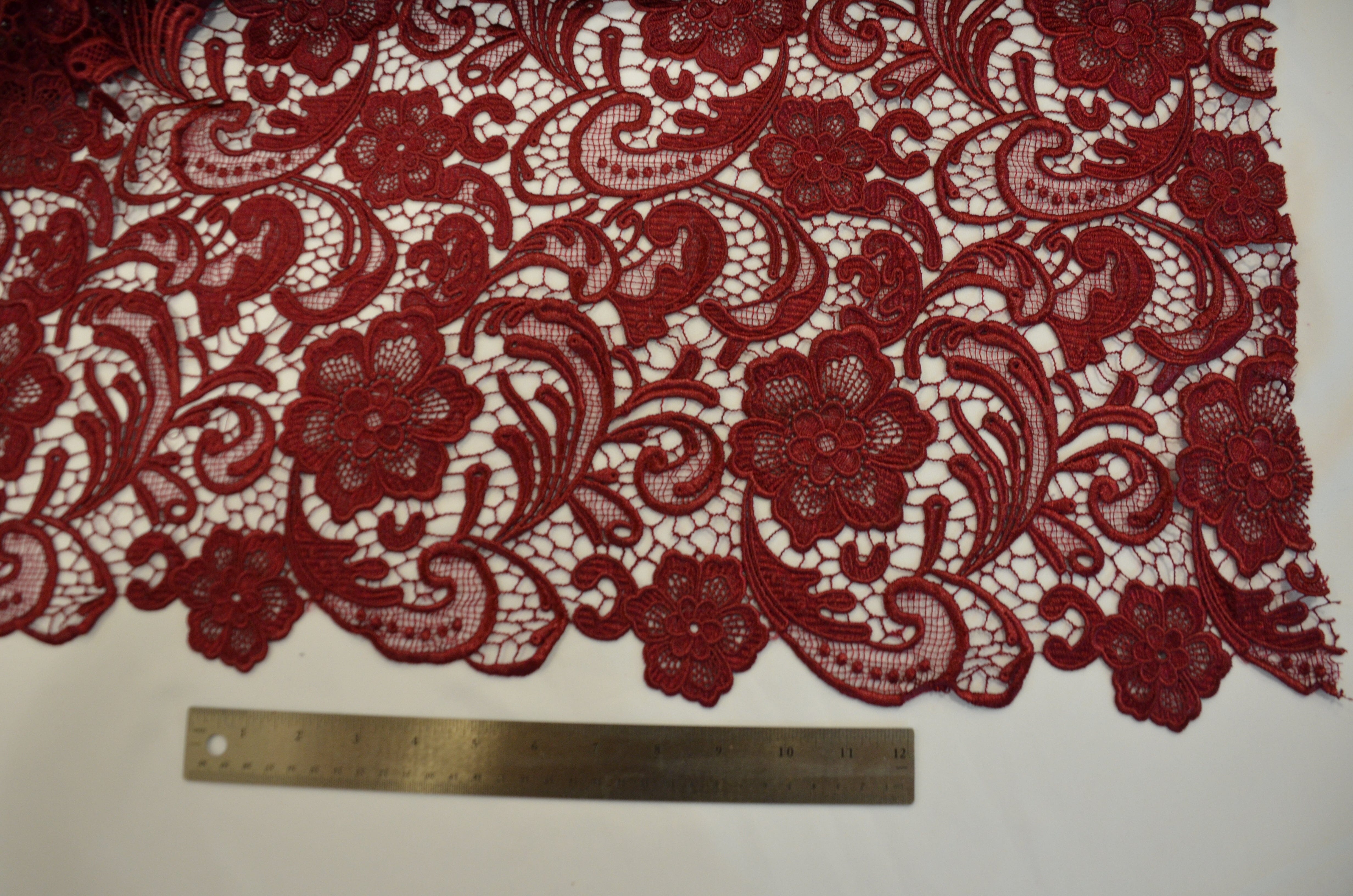 Guipure Bridal Lace Fabric | Heavy Double Scalloped Lace | 49" Wide | Multiple Colors | Fabric mytextilefabric 3"x3" Sample Swatch Burgundy 