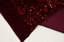 Load image into Gallery viewer, Sequins Stretch Velvet | Sequins on Plush Spandex Velvet | 60&quot; Wide | Multiple Colors | My Textile Fabric 3&quot;x3&quot; Sample Swatch Burgundy 