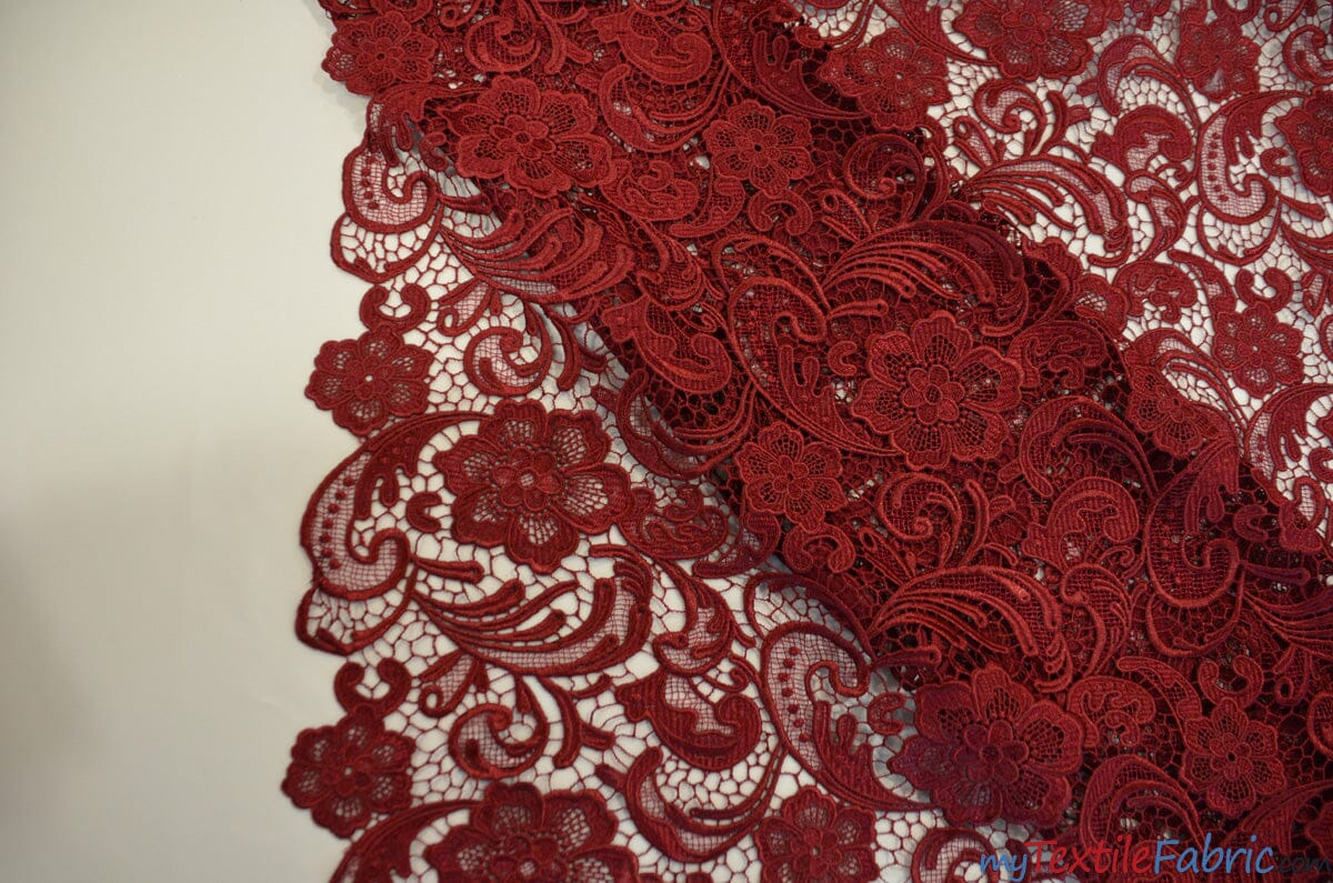 Guipure Bridal Lace Fabric | Heavy Double Scalloped Lace | 49" Wide | Multiple Colors | Fabric mytextilefabric Yards Burgundy 