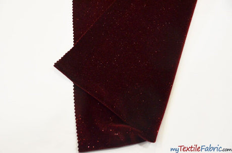 Glitter Stretch Velvet | Sparkling Glitter on Plush Spandex Velvet | 60" Wide | Multiple Colors | My Textile Fabric Yards Wine 