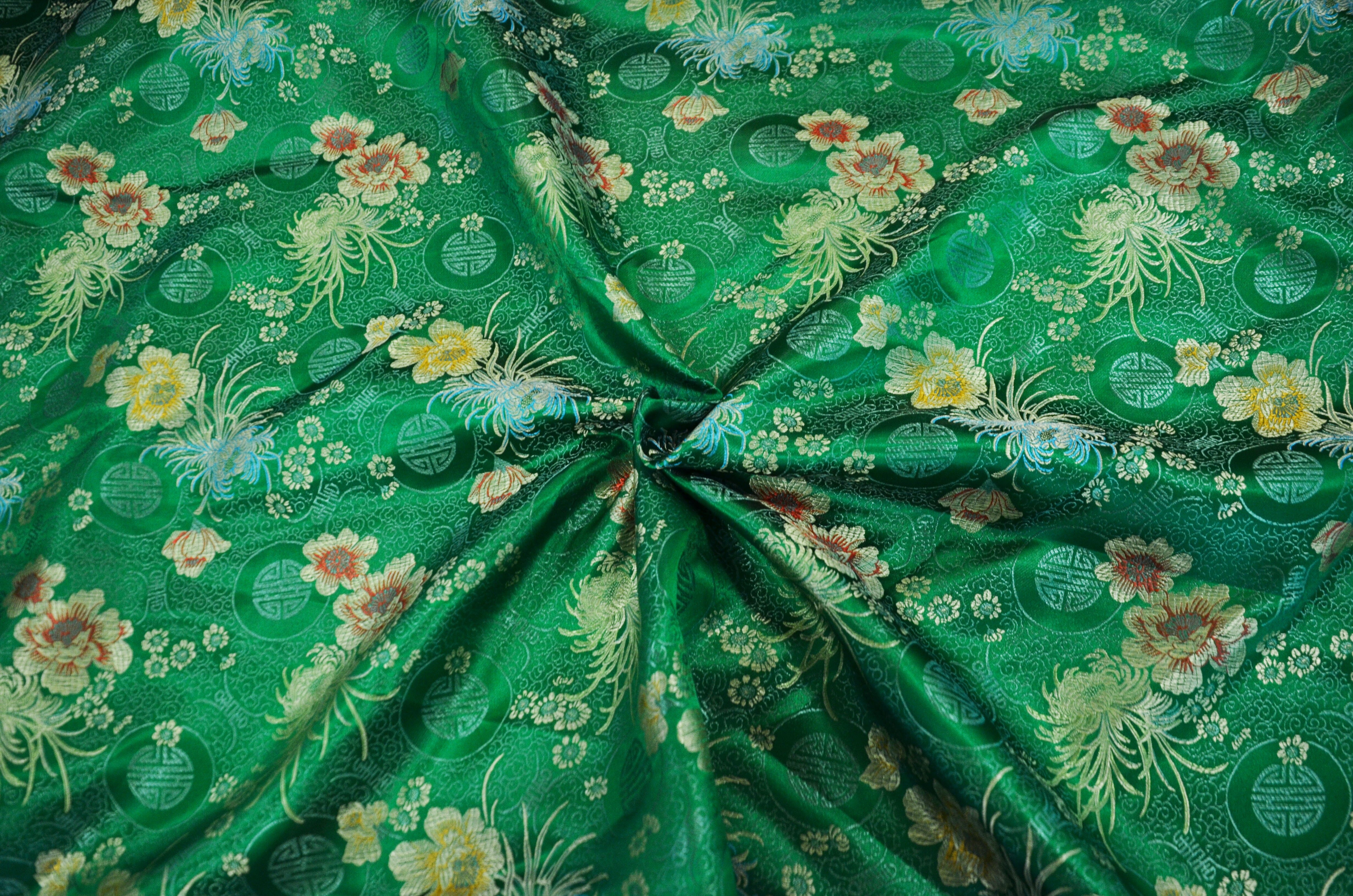 Oriental Floral Brocade | Chinese Flower Brocade | 45" Wide | Chinese Brocade Fabric | Fabric mytextilefabric Yards Flag Green 