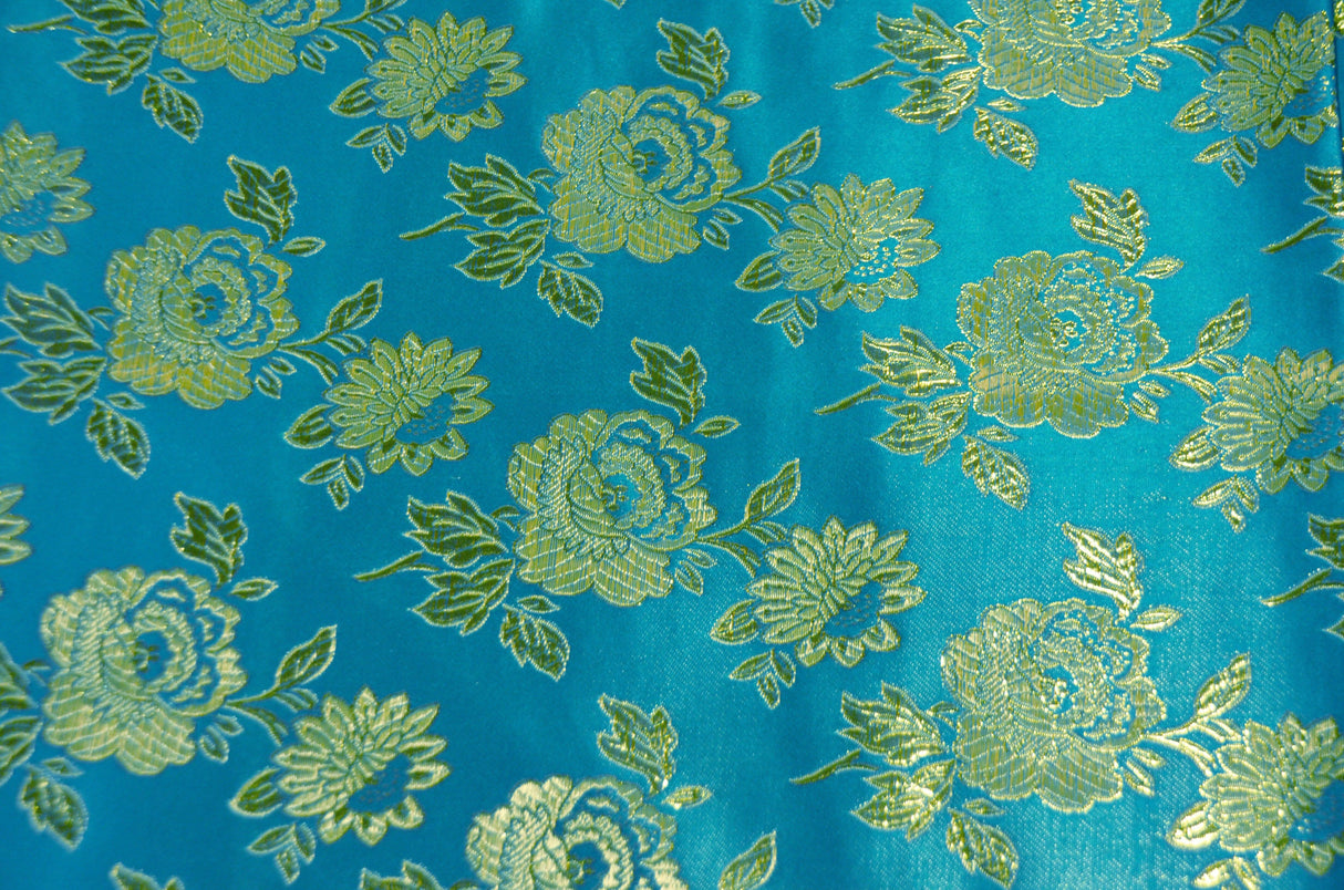 Oriental Metallic Flower Brocade | Metallic Brocade B88 | 58" Wide | Chinese Brocade Fabric | Fabric mytextilefabric Yards Turquoise 