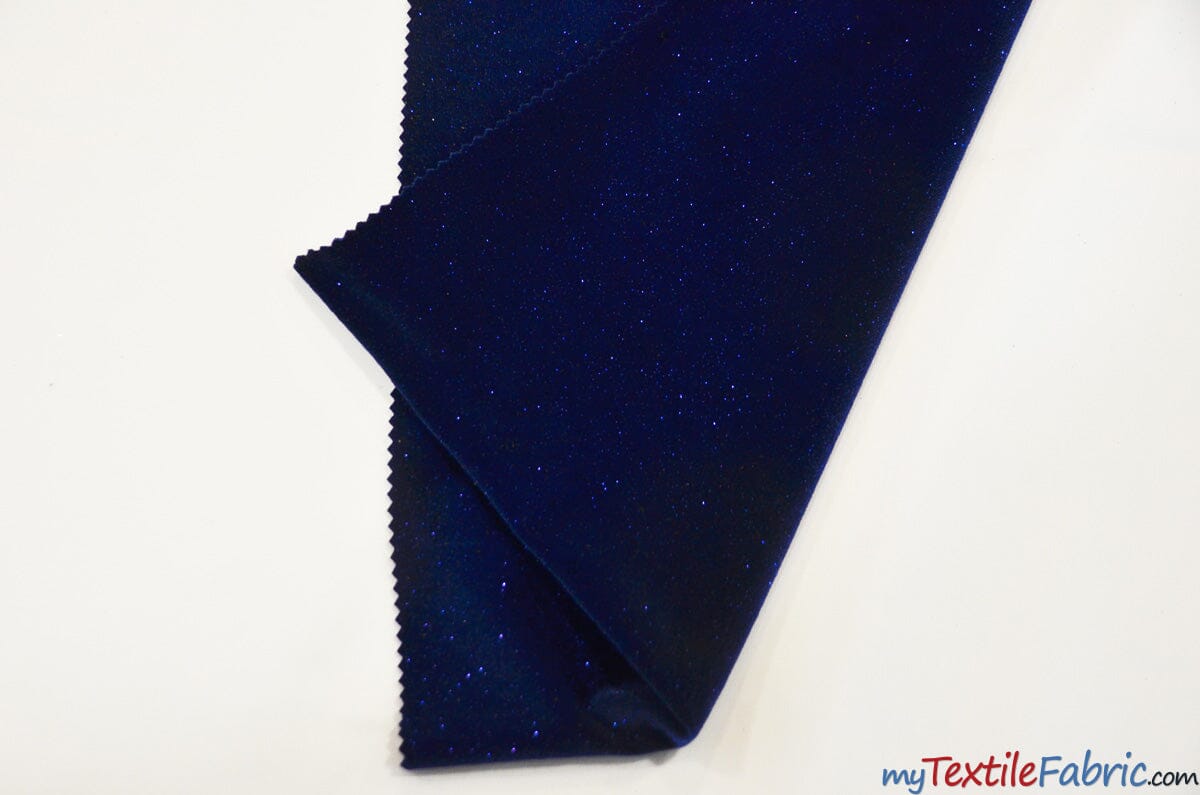 Glitter Stretch Velvet | Sparkling Glitter on Plush Spandex Velvet | 60" Wide | Multiple Colors | My Textile Fabric Yards Royal 