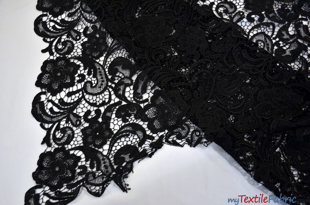 Guipure Bridal Lace Fabric | Heavy Double Scalloped Lace | 49" Wide | Multiple Colors | Fabric mytextilefabric Yards Black 