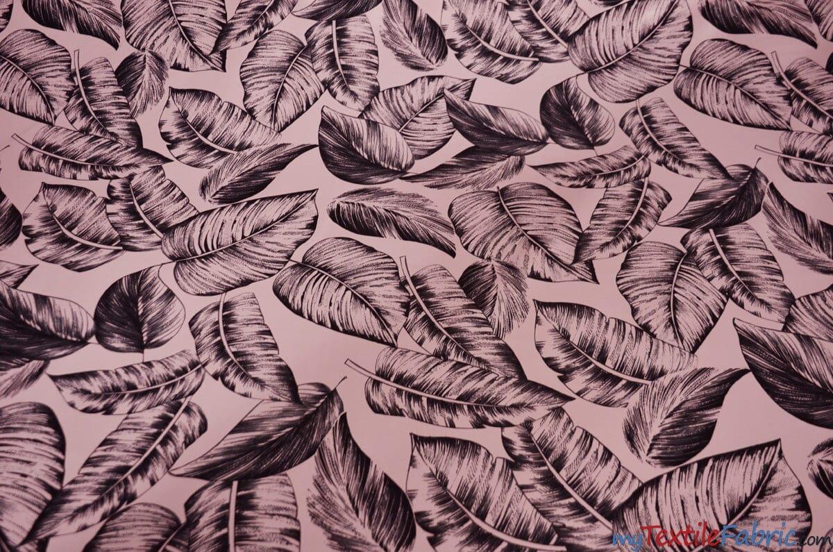 Bohemian Paradise Satin Print | Dull Satin Print | 58/60" Wide | 3 Colors | Tropical Banana Leaf Print | My Textile Fabric Yards Rose Petal Black 