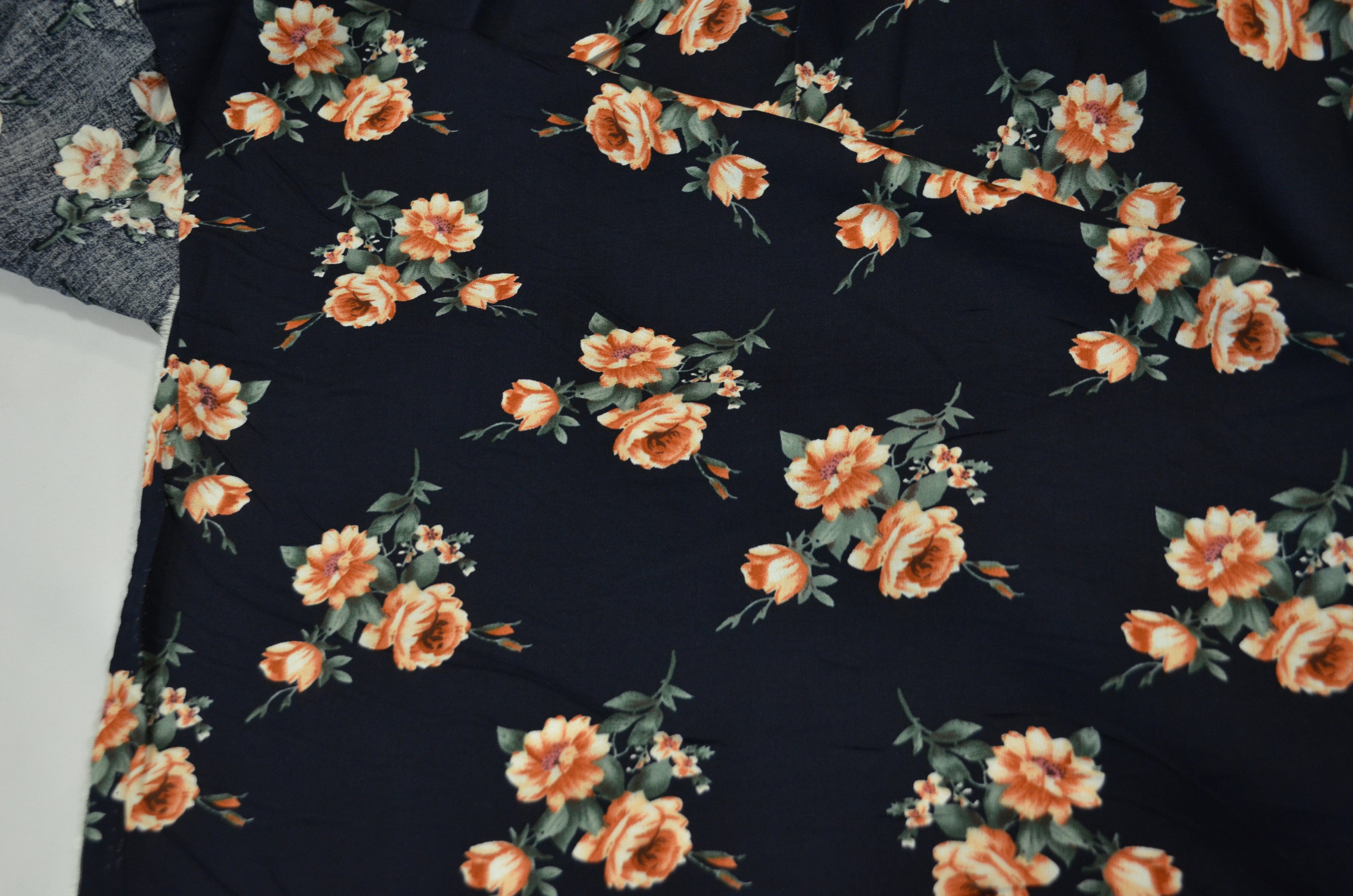 Love Flower Rayon Challis Fabric by the Continuous Yard | 60" Wide | Floral Rayon Challis Fabric | Rayon Challis for Dresses and Skirts | Fabric mytextilefabric 3"x3" Sample Swatch Dark Navy 