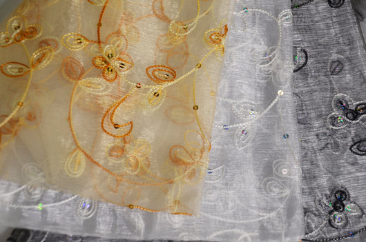 Dahlia Organza Embroidery Fabric | Embroidered Floral Sheer with Sequins Embellishment | 54