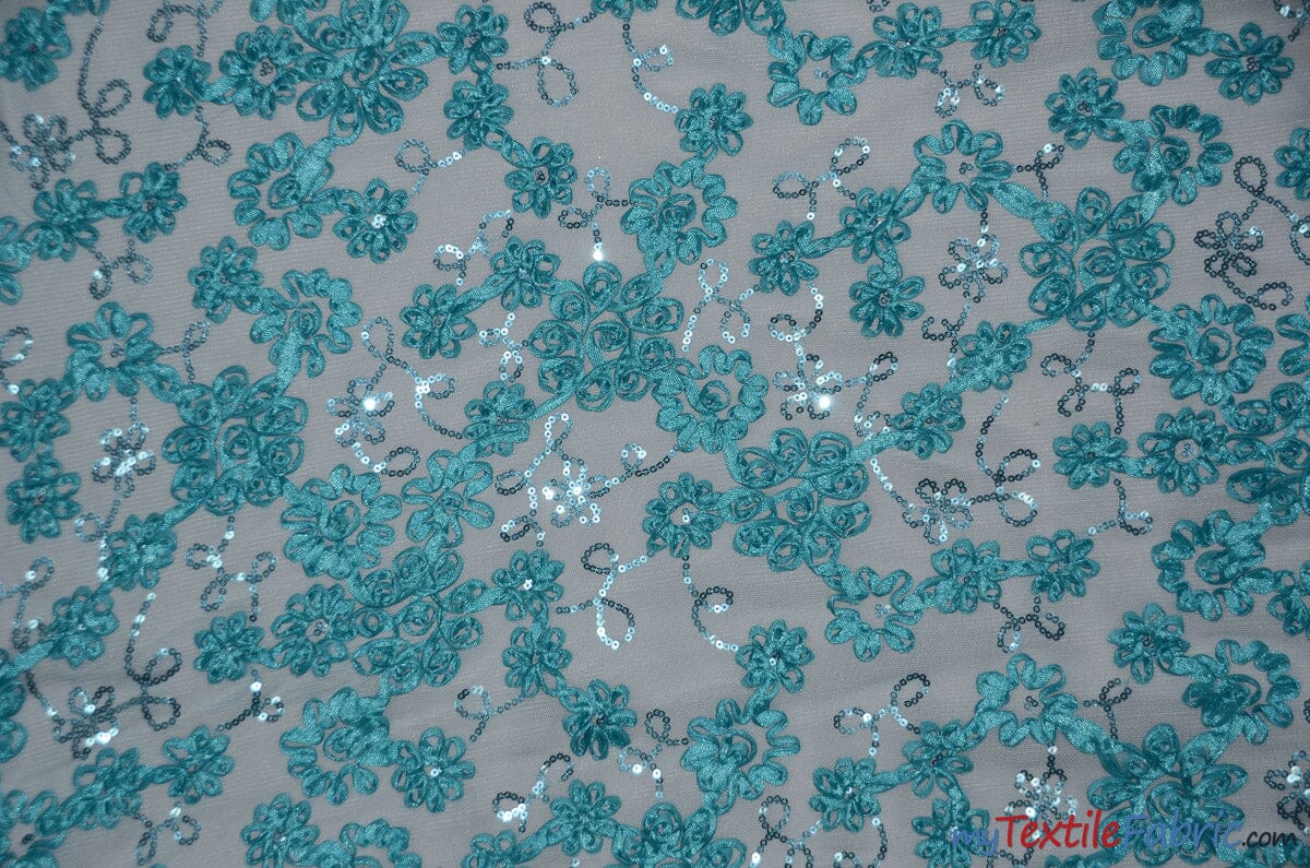 Luxury Mesh Embroidery Fabric | Embroidered Mesh Bridal Lace | 54" Wide | Multiple Colors | Fabric mytextilefabric Yards Aqua 