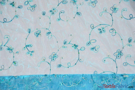 Dahlia Organza Embroidery Fabric | Embroidered Floral Sheer with Sequins Embellishment | 54" Wide | Multiple Colors | Fabric mytextilefabric Yards Aqua 